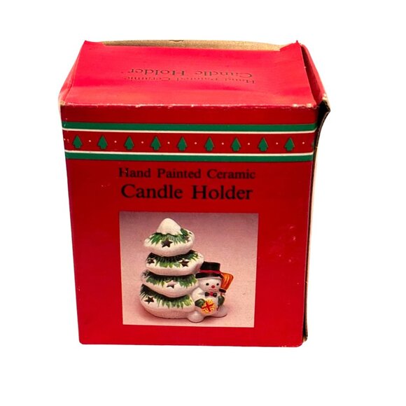 Vintage Ceramic Christmas Tree Tea Light Holder With Snowman Design - Picture 9 of 15
